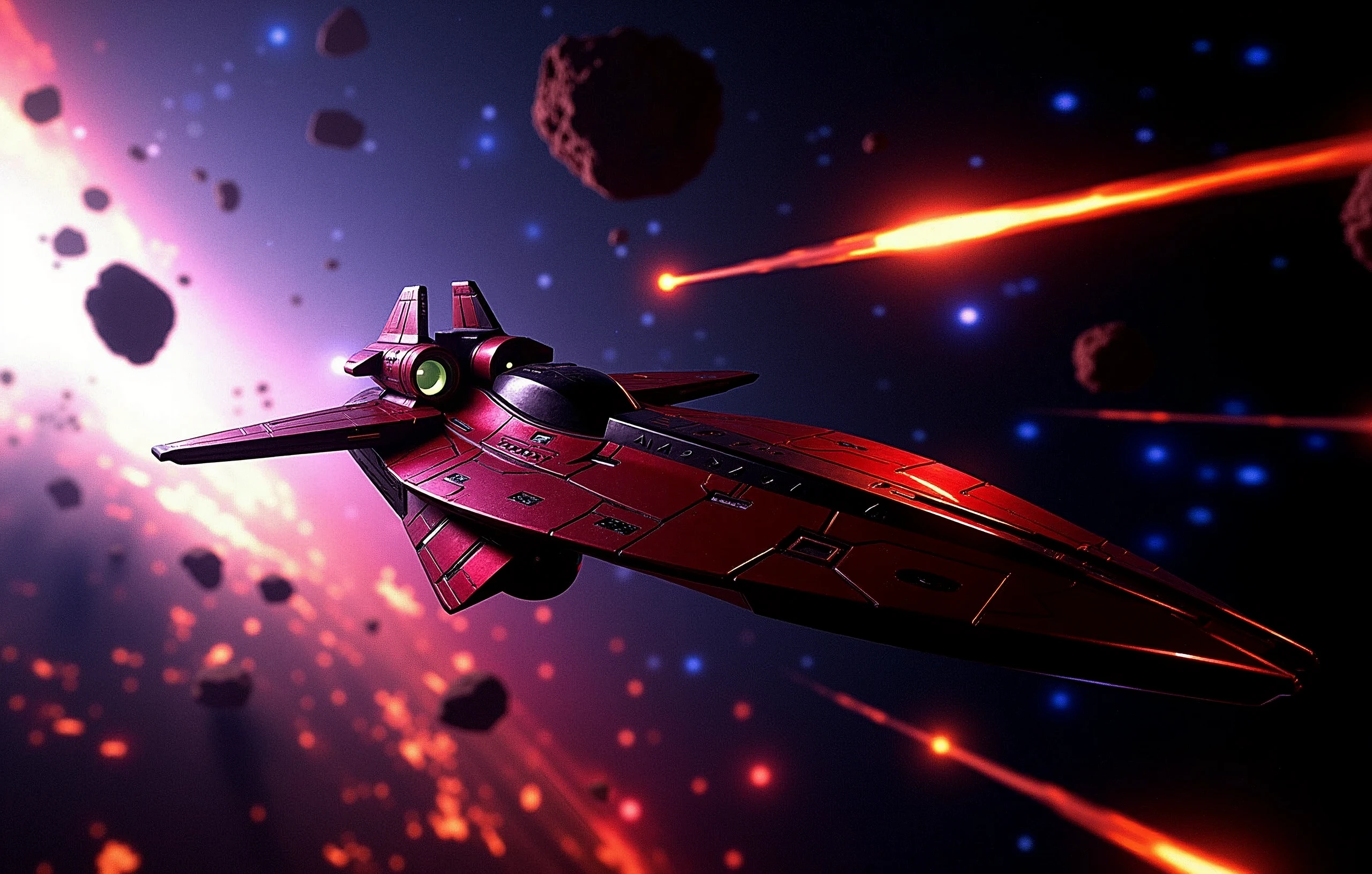 A crimson spaceship, a marvel of engineering, zooms through the void, fleeing the catastrophic aftermath of an exploding planet. The once-blue world now blazes with a fiery intensity, its destruction illuminated by light rays that seem to emanate from the very core of chaos. Amidst this apocalyptic backdrop, asteroids streak across the frame, their burning trails leaving glowing contrails in their wake. In the distance, blue stars twinkle like diamonds against the blackness, a celestial reminder of the vastness and beauty of space. The spaceship, a masterclass of Futurism-inspired design, hurtles forward with incredible velocity, its red and black hull glistening with speed lines and motion lines that evoke a sense of dynamic tension. Cinematic lighting casts a dramatic glow on the scene, bathing all in an otherworldly radiance., Futurism, modern, Hyperrealism, speed lines, cinematic lighting, glowing light, motion lines, retina, accurate, masterpiece, super detail, high quality, award winning, highres, 4K, 8k, 16k