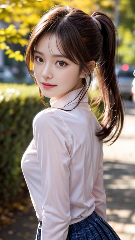 photography of a brightly sangmi nam who is korean actress,masterpiece,photorealistic,analog,realism,korean idol,slim leg, long_brown_hair,1 girl, very bright backlighting, solo, {beautiful and detailed eyes}, autumn night, large breasts,calm expression, natural and soft light, hair blown by the breeze, delicate facial features, Blunt bangs, beautiful korean girl, eye smile, very small earrings, 18yo, ((model pose)), Glamor body type,(colorful hair, Half red and half brown hair:1.2), flim grain, realhands, masterpiece, Best Quality, photorealistic, ultra-detailed, finely detailed, high resolution,brown messy hair, perfect dynamic composition, beautiful detailed eyes,Korean girl,((nervous and embarrassed)),sharp-focus, beautymix, FilmGirl,shy smile,(wearing a pink school uniform:1.3),(ponytail:1.3),model pose,cowboy_shot