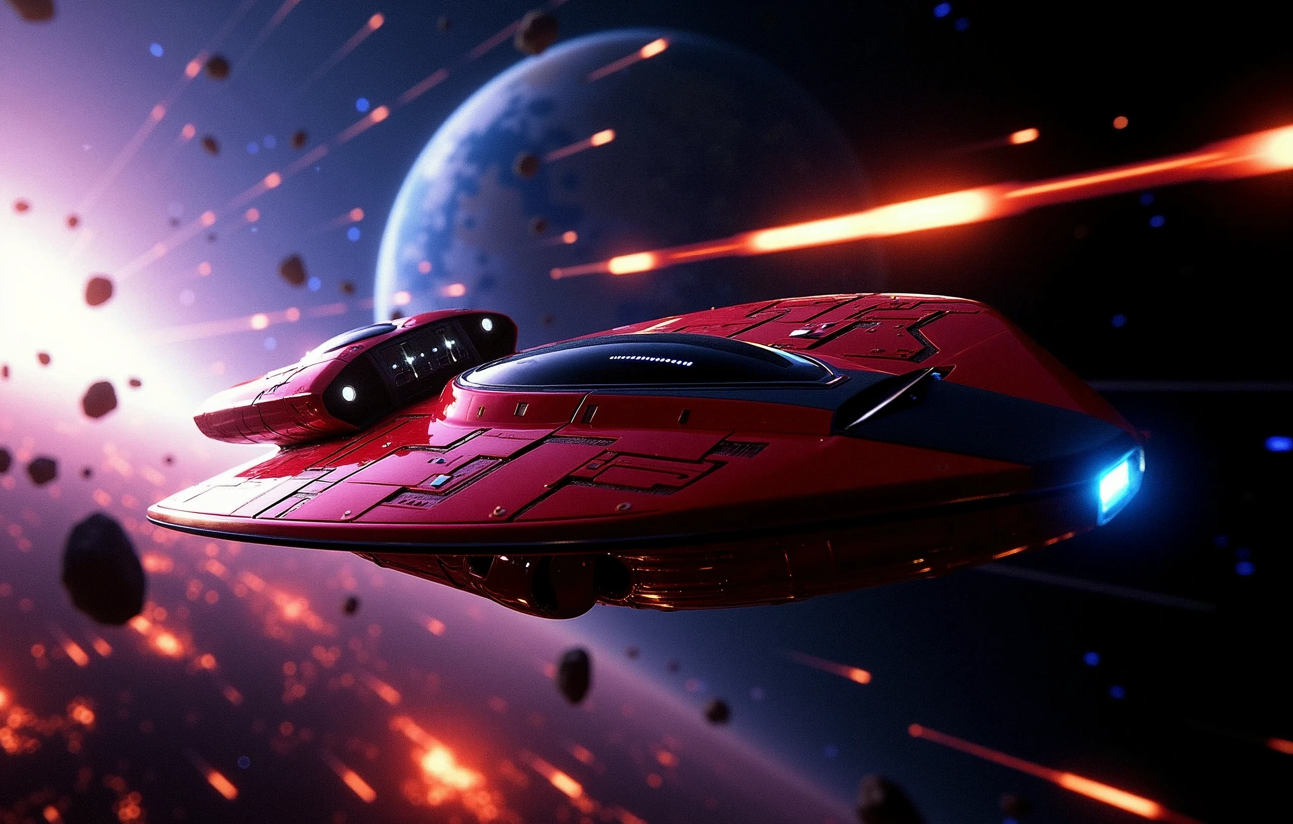 A crimson spaceship, a marvel of engineering, zooms through the void, fleeing the catastrophic aftermath of an exploding planet. The once-blue world now blazes with a fiery intensity, its destruction illuminated by light rays that seem to emanate from the very core of chaos. Amidst this apocalyptic backdrop, asteroids streak across the frame, their burning trails leaving glowing contrails in their wake. In the distance, blue stars twinkle like diamonds against the blackness, a celestial reminder of the vastness and beauty of space. The spaceship, a masterclass of Futurism-inspired design, hurtles forward with incredible velocity, its red and black hull glistening with speed lines and motion lines that evoke a sense of dynamic tension. Cinematic lighting casts a dramatic glow on the scene, bathing all in an otherworldly radiance., Futurism, modern, Hyperrealism, speed lines, cinematic lighting, glowing light, motion lines, retina, accurate, masterpiece, super detail, high quality, award winning, highres, 4K, 8k, 16k
