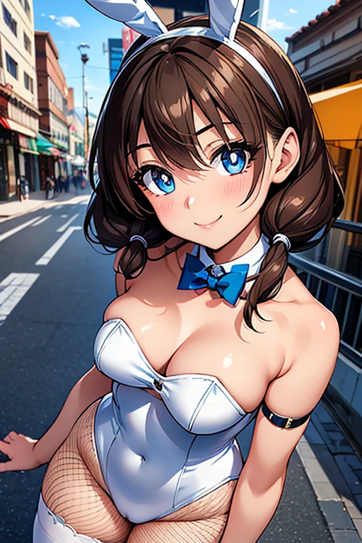 Megumi Amano、Shiny brown hair, Twin tails, Beautiful Blue Eyes、Small waist、Small breasts、Modest chest、smile、Sparkling eyes, (fine grain)、Very fine eye、非常にDetailed face, Highly detailed eyes, Cowboy Shot、



masterpiece, Highest quality, High resolution, One Girl, Detailed face, blush, Anime CG style, (18-year-old girl:1.3),  Good lighting, Perfect body, Glossy Lips, City Street, strapless leotard, - Detachable collar, Wrist cuff, (White fishnet stockings), Bunny ears, 