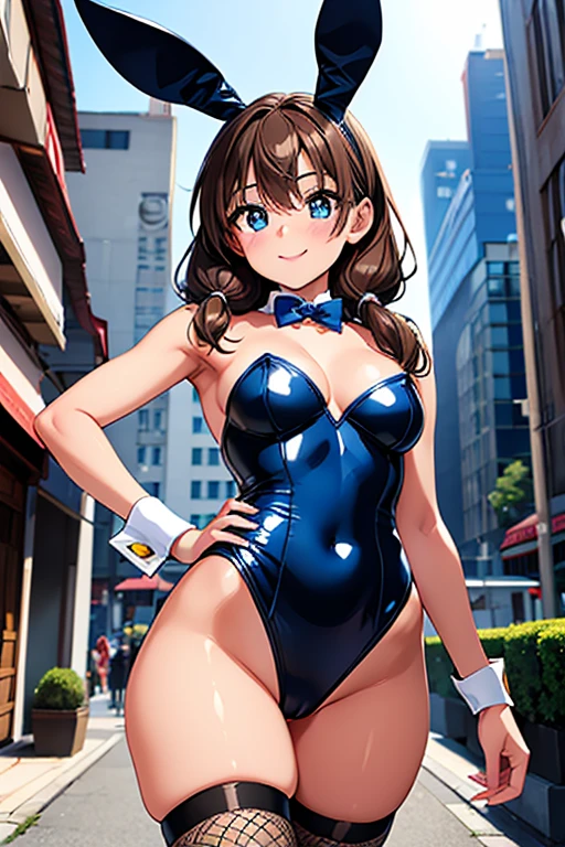 Megumi Amano、Shiny brown hair, Twin tails, Beautiful Blue Eyes、Small waist、Small breasts、Modest chest、smile、Sparkling eyes, (fine grain)、Very fine eye、非常にDetailed face, Highly detailed eyes, Cowboy Shot、



masterpiece, Highest quality, High resolution, One Girl, Detailed face, blush, Anime CG style, (18-year-old girl:1.3),  Good lighting, Perfect body, Glossy Lips, City Street, strapless leotard, - Detachable collar, Wrist cuff, (White fishnet stockings), Bunny ears, 