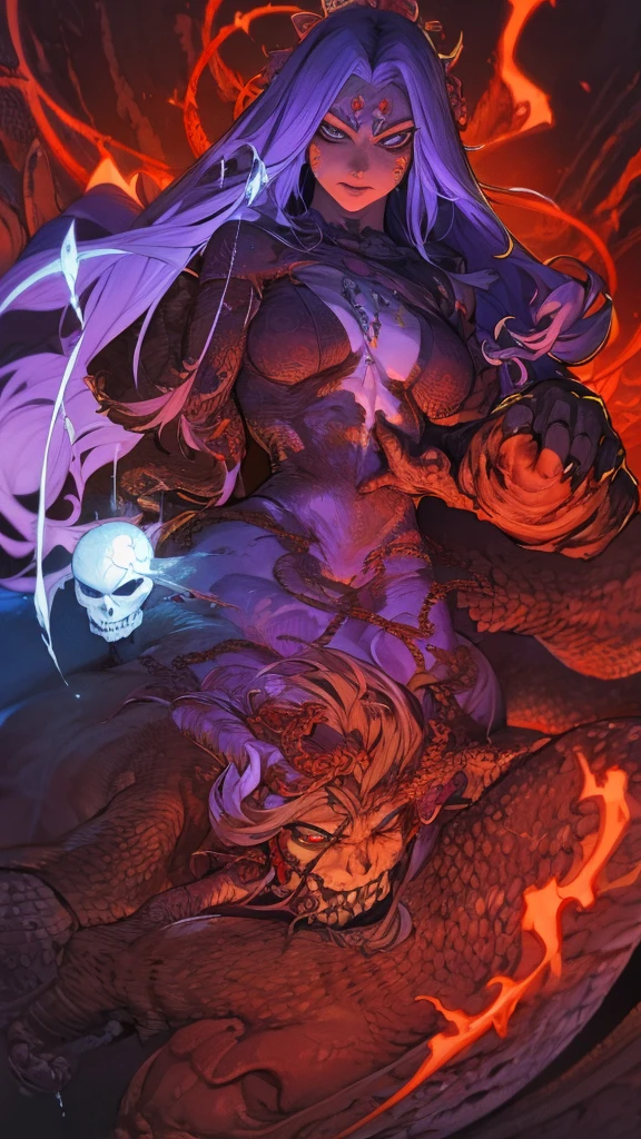 Woman body set large breasts(best quality, highres, ice skull:1.1), A girl with long billowing purple hair and a red cape, featuring a Dracula Orchid pattern. (best quality, ultra-detailed), (realistic), vibrant colors, intense lighting, lava-like texture, hauntingly beautiful composition, surreal atmosphere, contrasting dark shadows, mesmerizing glow, detailed facial features, flowing lava tendrils, fiery eyes, ethereal presence, intricate floral patterns, mysterious aura."