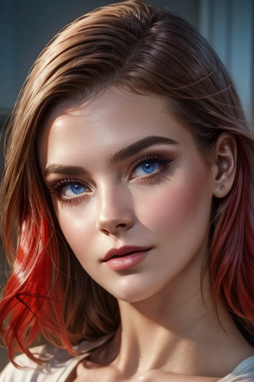 light red hair, vibrant blue eyes, pale white skin, portrait, rock clothing, band clothing, fine nose, thin chin, dark night scene, RAW color art with high detail., (detailed skin, skin texture), (muscle), intricate details, fine details, hyperdetailed, ray tracing, subsurface dispersion, soft and diffuse lighting, red and blue spotlight, por Jeremy Mann, Greg Manchess, Antonio Moro, trend in artstation, trend on CGSociety, Intricate, High detail, sharp focus, Dramatic, photorealistic Midjourney painting, background bokeh, pub, Best Quality, masterpiece, only 1 girl, fullbody portrait, dark atmosphere at night, look at the viewer, White T-shirt, blue jeans, night bar, country scene, thin girl