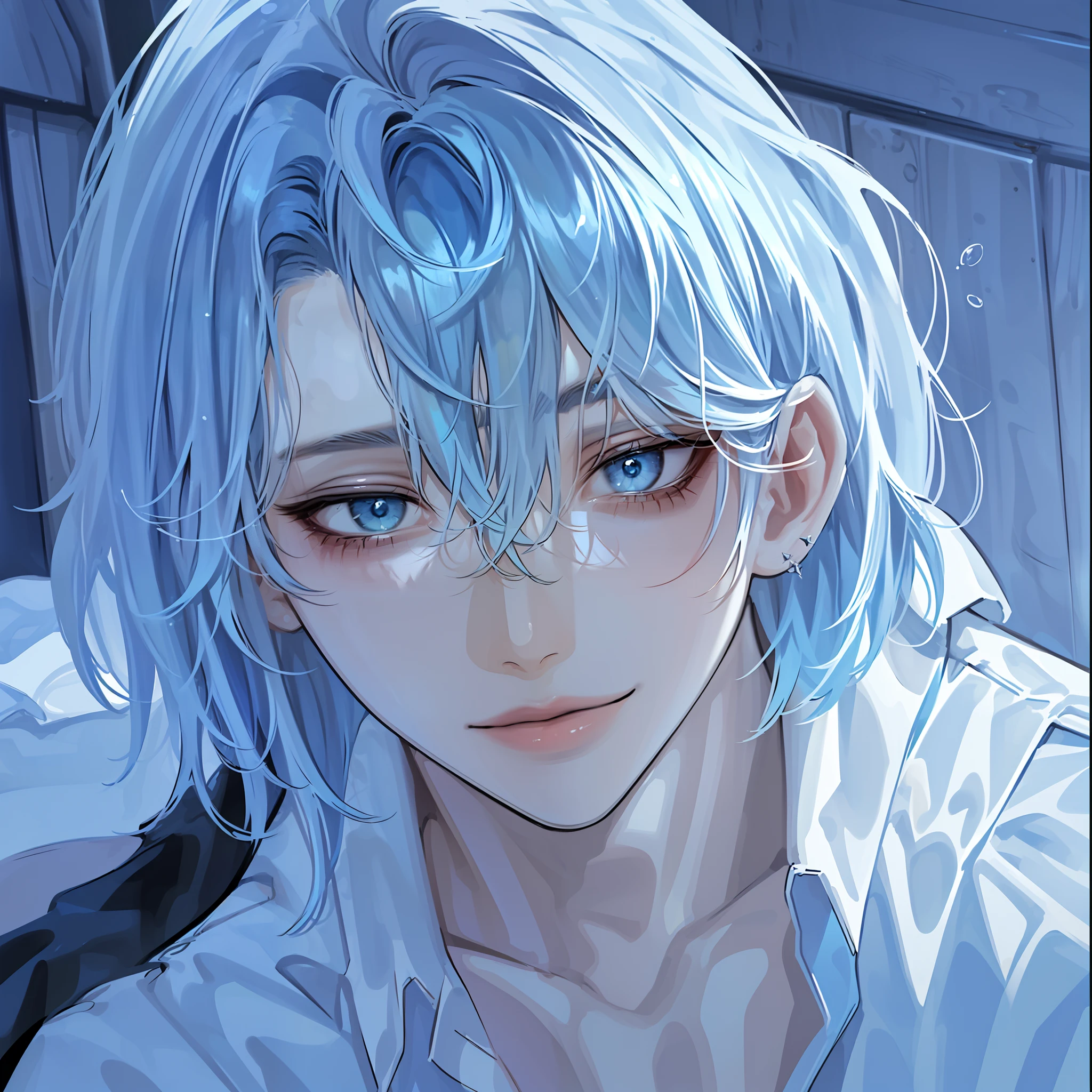 (absurdres, highres, ultra detailed),(Masterpiece, best quality:1.2),spiky messy hair,blue hair,deep blue eyes, extremely detailed eyes, close up shot, Portrait, smiling, absolutely stunning art, androgynous, not smiling