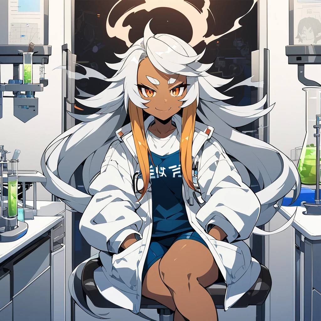 (anime style),dark skin foxy gal,thick eyebrows,absurdly long hair,White multicolored hair,flipped hair,short hair with long locks,thick eyebrows,smug,squint,school swimsuit,Researcher's white coat.,hands in pocket,in laboratory,sitting laboratory chair,White smoke is coming out of the beaker