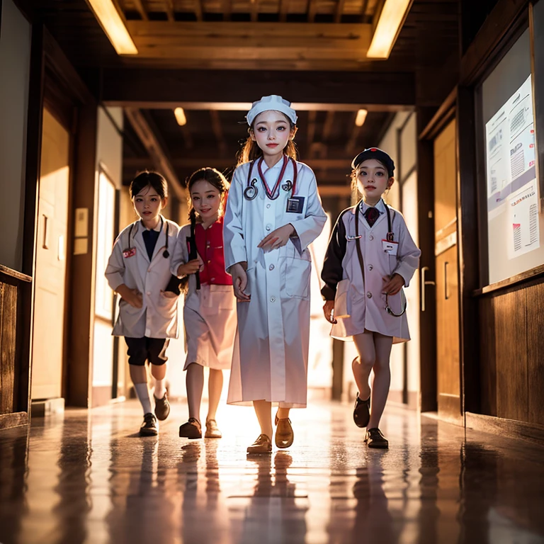 SFW,  ExtremelyDetailed (((Medical Kids group in Kidzania:1.4))), perfect face, Reflective Eyes, Detailed(Delicate Clothing textures), Corrected Leg to Foot Line, ((Specular Reflection:1.28)), TopQuality 8K Ultra-detailed masterpiece (ProfessionalPhoto:1.37)(Acutance:0.8),(Luminism),(Exposed:0.28)