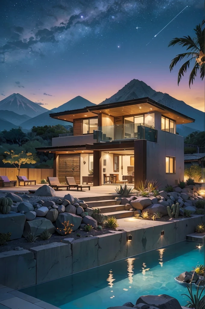 small and beautiful modern house in top of big boulders, terraces, pool, stairs, multiple cacti gardens, palms, trees, rocks, beautiful landscape design, mountains and volcano y background, amazing clouds, sun, moon, planets, milky way galaxy, concrete, wood, glass and steel materials, olive green, violet, orange and withe colors in facade