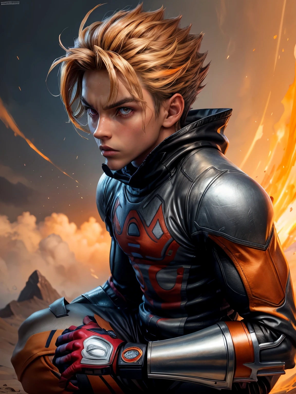 Gender: male
Eye color: orange
Physical appearance: handsome,13 years old teenage boy,has a tube oxygen, 
Description: rebellious, artistic,power ranger style, and cynical.