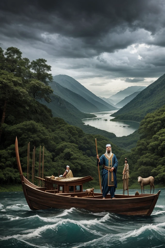 "A serene scene with Hazrat Nuh (Noah) standing near a large wooden ark, surrounded by pairs of various animals. The sky is dark and cloudy, indicating an impending storm, while a peaceful river flows beside them. Hazrat Nuh, with a wise and determined expression, is dressed in traditional ancient clothing, holding a staff. The image captures the moment just before the great flood begins."