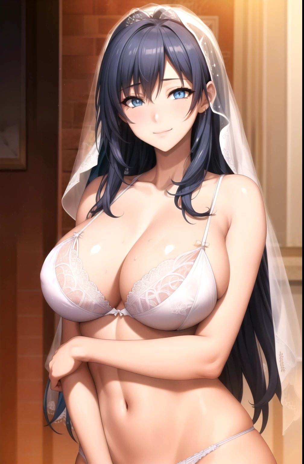 blue hair, bride, veil, white bra, white lace, white panty, violet eyes,Smile, rest looking at viewer, Upper Body, whole body, Cowboy shooting, rest indoors, rest (masterpiece:1.2), best quality, high resolution, Unity 8K wallpaper, (illustration:0.8), (Beautiful and delicate eyes:1.6), Extremely detailed face, Perfect lighting, Extremely detailed CG, (Perfect hands, Perfect anatomical structure), Smooth skin