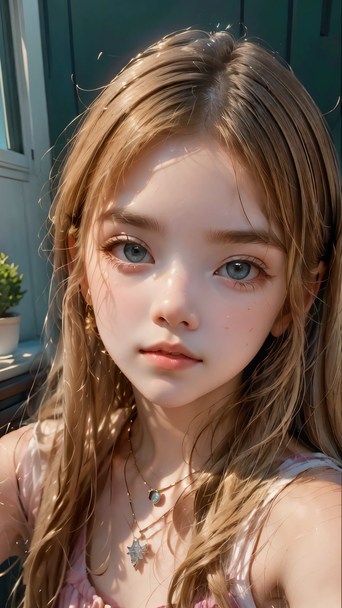 a close-up of a woman with long hair wearing a necklace, young and cute girl,  12 years old, she has a cute face, young beautiful face, Anya Taylor joy, a beautiful teenager, vídeo tiktok, she has a cute face e expressivo, beautiful young, blonde hair and large eyes, a girl with blonde hair