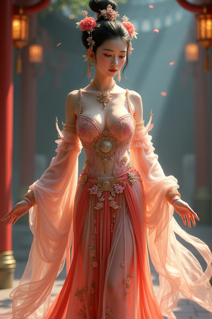 Chinese girl with coins gold , thick body, curvy body, curvy waist, big breast, white skin, gorgeous costumes embroidered with intricate embroidery, exposed breasts, flowing tulle, transparent long colorful ribbons tied on the arms, inspired by cinderella, showing navel, bare shoulders, bare neck, hair in a high bun with flower hairpins, ribbons on arm rings, wreaths, bracelets, anklets, high heels, metal chain tassels on the waist, Mogao Grottoes art, ink painting, cgstation pop, in the night castle, ((fullbody)), ((super realistic))