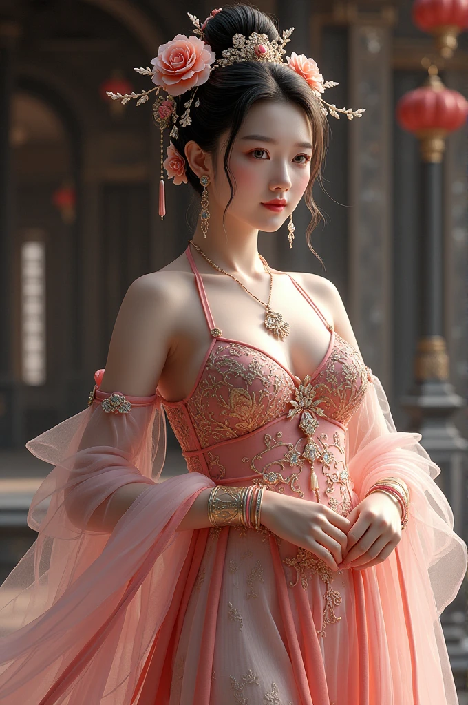 Chinese girl with coins gold , thick body, curvy body, curvy waist, big breast, white skin, gorgeous costumes embroidered with intricate embroidery, exposed breasts, flowing tulle, transparent long colorful ribbons tied on the arms, inspired by cinderella, showing navel, bare shoulders, bare neck, hair in a high bun with flower hairpins, ribbons on arm rings, wreaths, bracelets, anklets, high heels, metal chain tassels on the waist, Mogao Grottoes art, ink painting, cgstation pop, in the night castle, ((fullbody)), ((super realistic))