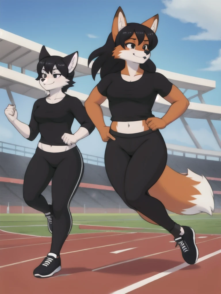 Furry, fox, female, black shirt, black leggings, shoes, running track, friends, full body