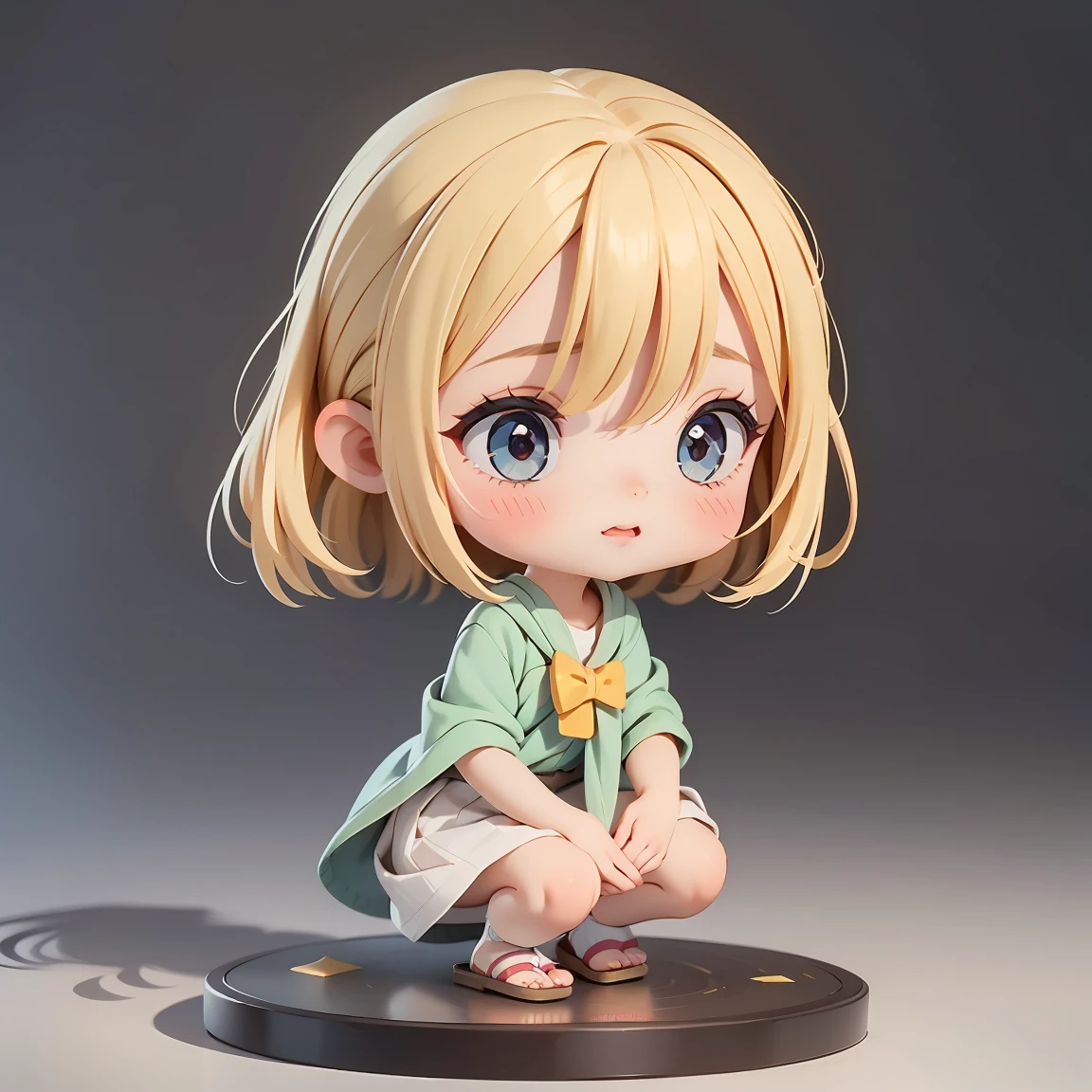 Super Chibi Character：1.8、wearing cute sandals、All-over simple and light color background：1.8、Blonde Hair、Cute 7 year old girl、Random cute outfits、Super Chibi Character：1.8、Bowing、Bowing、Bowing、Bowing、Bowing、Bowing