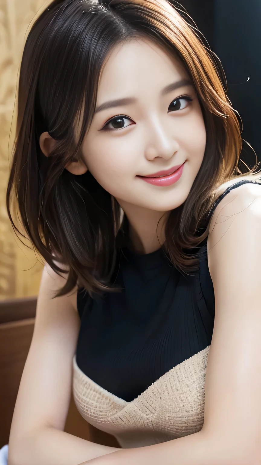 Masterpiece、Best Quality、Illustration、 Super detailed、Fine details、 High resolution、8K Denden Wallpaper、Perfect dynamic composition、Cute 27 year old girl、Sweet girl、Detailed beautiful face、Detailed cute eyes、Textured skin、A modest smile、Wavy short hair、Small breasts、Black strap sleeveless shirt、Bold sexy pose、