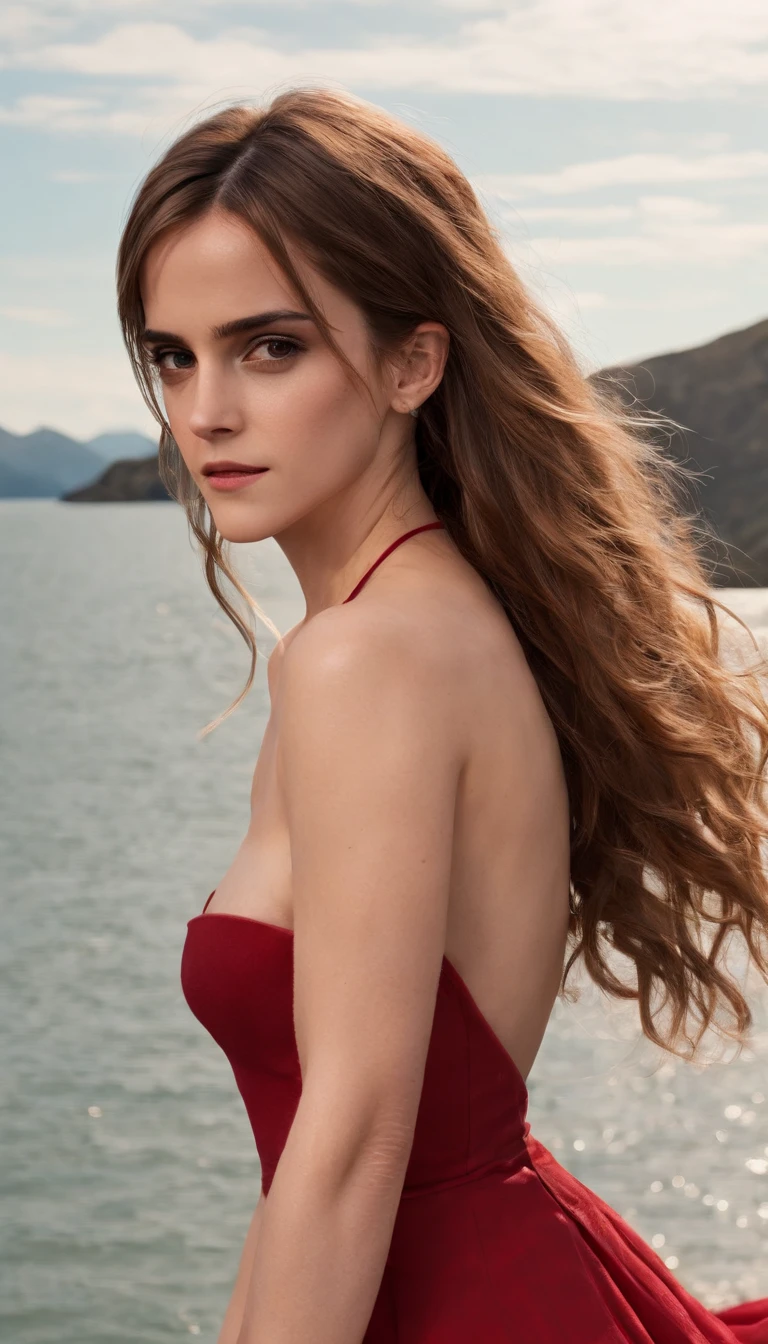 (Emma Watson), no bra, pokies, (Sexy Red Slit Dress) fluffy, low cut neckline, seductive, cowboy shot, 8k, (very thin waist:1.3), bare breasts, big breasts:1.5, (Long Hair:2.0), wave, soft skin, long hair in the wind, Lake