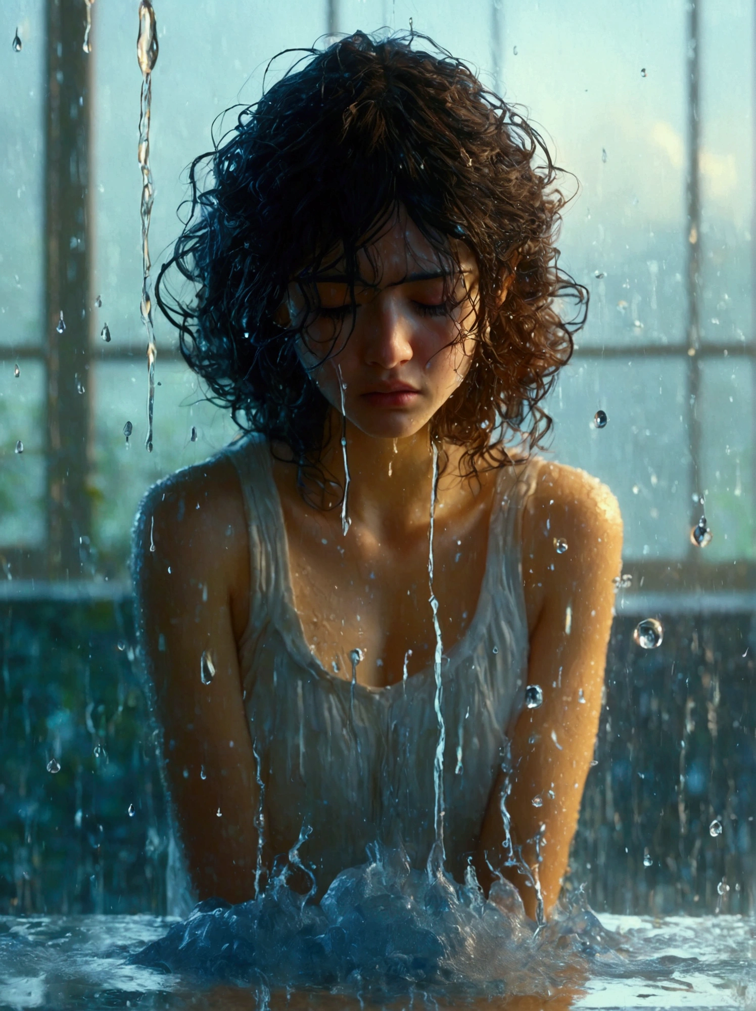 An image of a person showing despair with large water droplets splashing dramatically in the background. The individual is depicted in a posture of sadness, their head bowed slightly and their eyes brimming with tears. The backdrop is a tableau of elemental energy, with water droplets caught in mid-air, glinting, and creating an atmospheric setting.