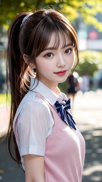 photography of a brightly sangmi nam who is korean actress,masterpiece,photorealistic,analog,realism,korean idol,slim leg, long_brown_hair,1 girl, very bright backlighting, solo, {beautiful and detailed eyes}, autumn night, large breasts,calm expression, natural and soft light, hair blown by the breeze, delicate facial features, Blunt bangs, beautiful korean girl, eye smile, very small earrings, 18yo, ((model pose)), Glamor body type,(colorful hair, Half red and half brown hair:1.2), flim grain, realhands, masterpiece, Best Quality, photorealistic, ultra-detailed, finely detailed, high resolution,brown messy hair, perfect dynamic composition, beautiful detailed eyes,Korean girl,((nervous and embarrassed)),sharp-focus, beautymix, FilmGirl,shy smile,(wearing a pink school uniform:1.3),(ponytail:1.3),model pose,cowboy_shot
