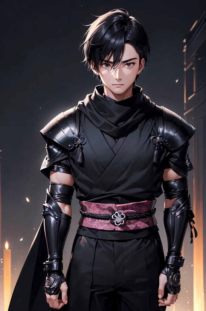 (((masterpiece; best quality: 1.2))), (finely detailed eyes: 1.3), ((1 young man)), ((solo)), (black eyes: 1.4), (body shape; lean, masculine: 1.3), (very short black hair: 1.3), (beautiful and clear background: 1.2), ((depth of field)), (equipment: black shinobi clothing + fully covered + black kimono + black pants + black scarf + black bracers + wolf mask: 1.3), (anime illustration: 1.2), (background composition; old japanese mansion + night: 1.1), (extremely fine and handsome: 1.1), (shot composition; standing + centered on torso + close-up: 1.5), (facial expression; calm, stoic: 1.2)