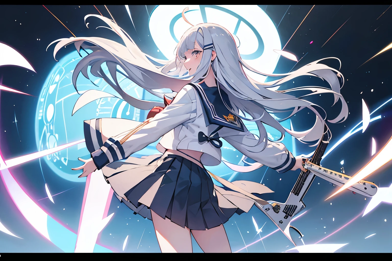 A high school girl with long hair and a sailor suit holding a Telecaster, Highlight color hairstyle, Asymmetrical bangs, tears, happiness/joy, Feet out of frame, Illustration effect for posters and magazines, Aperture value F1.8, Fujifilm, Background blur, Lens flare, Illustration, Gray Hair, Back view, From the knee up
