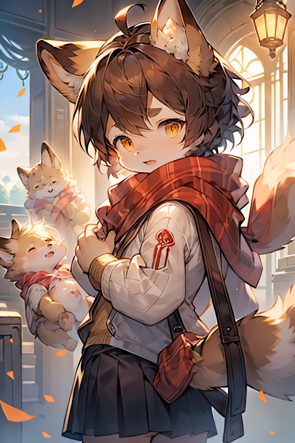 red panda girl，Furry girls， characteristics，Brown hair，Yellow skin，scarf，Short skirt，