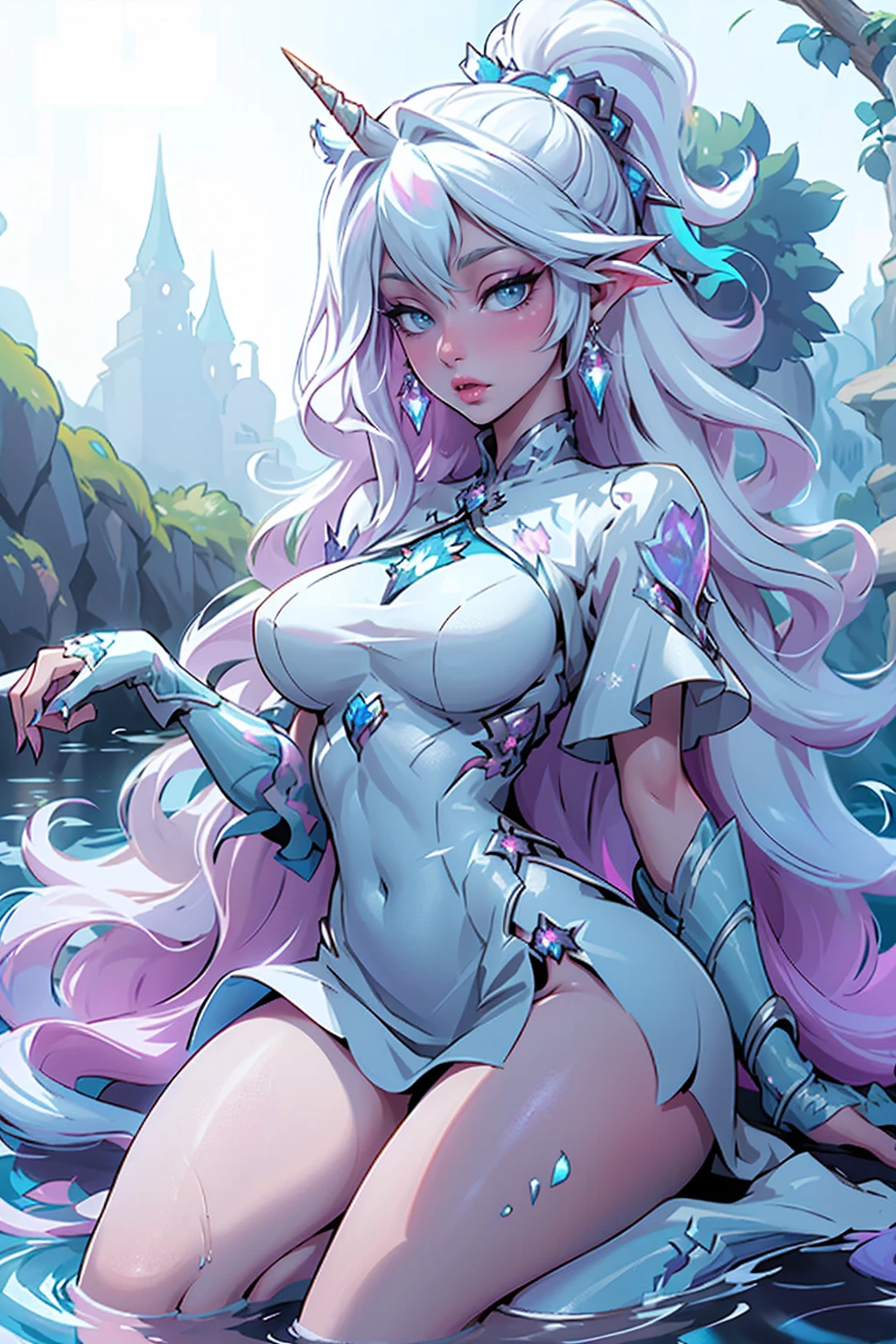 (Masterpiece - Ultra-Detailed, High Resolution)There is a white unicorn girl, blue mane and long mane, white unicorn, unicorn, unicorn horns, A unicorn, celestia, Nine stories, blue unicorn, soft dreamy, cinematic light《fangs》Unicorn in, mythological creatures, a mythical creature, Pokémon illustration, unicorns, a glaceon princess, white dress, opal eyes. Auroracore, ghostly iridescent, image good for rendering, sitting on the water. unicorn girl, full body