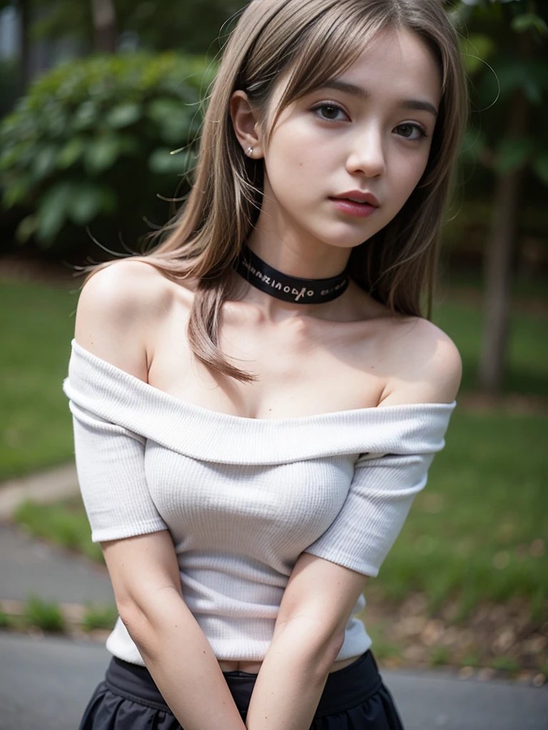 best quality, ultra high res, (photorealistic:1.4), 1girl, off-shoulder white shirt, black tight skirt, black choker, (faded ash gray hair:1), medium breasts, looking at viewer, closeup