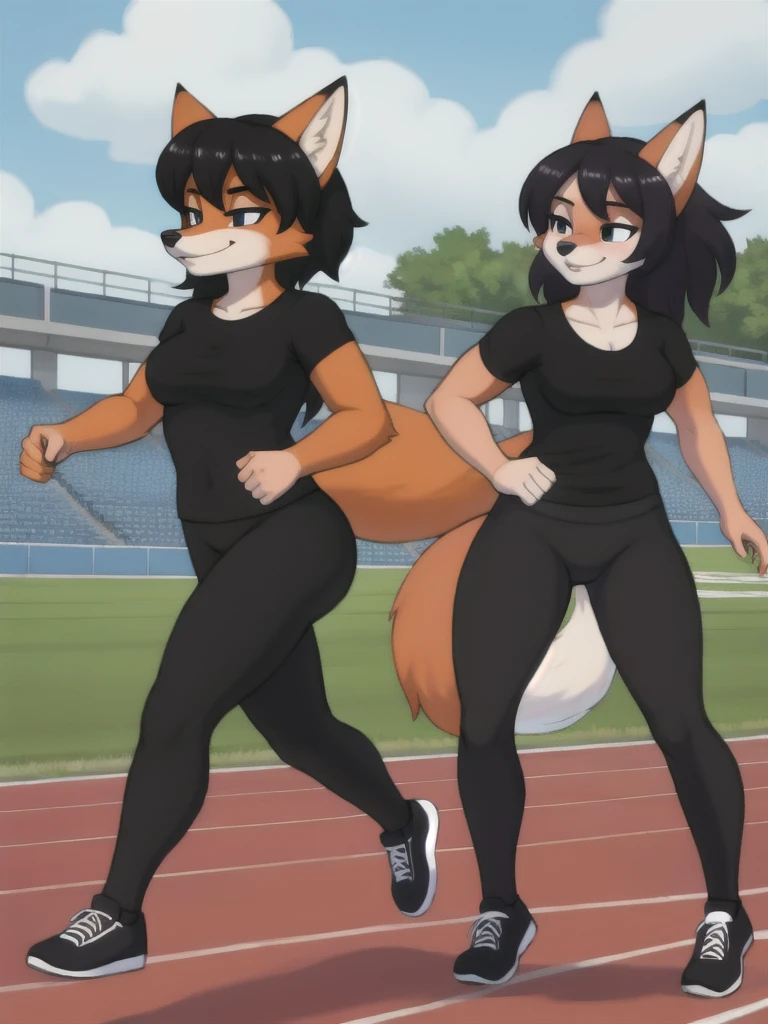 Furry, fox, female, black shirt, black leggings, shoes, running track, friends, full body