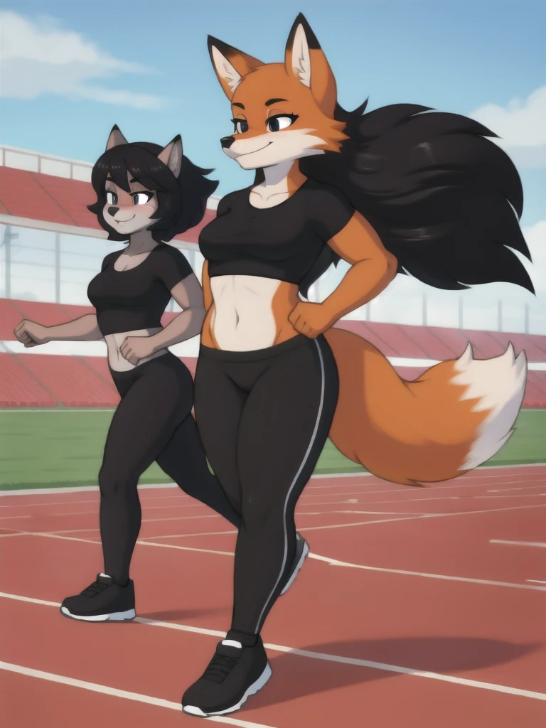 Furry, fox, female, black shirt, black leggings, shoes, running track, friends, full body