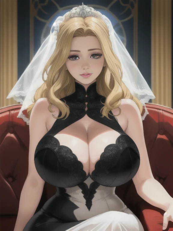 wedding dress, long blonde hair, sitting, hourglass figure, huge breasts overflowing cleavage, (background black couch, detailed walls, crowd behind, warm light), realistic,