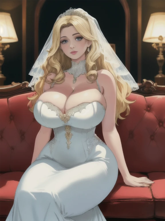 wedding dress, long blonde hair, sitting, hourglass figure, huge breasts overflowing cleavage, (background black couch, detailed walls, crowd behind, warm light), realistic,  