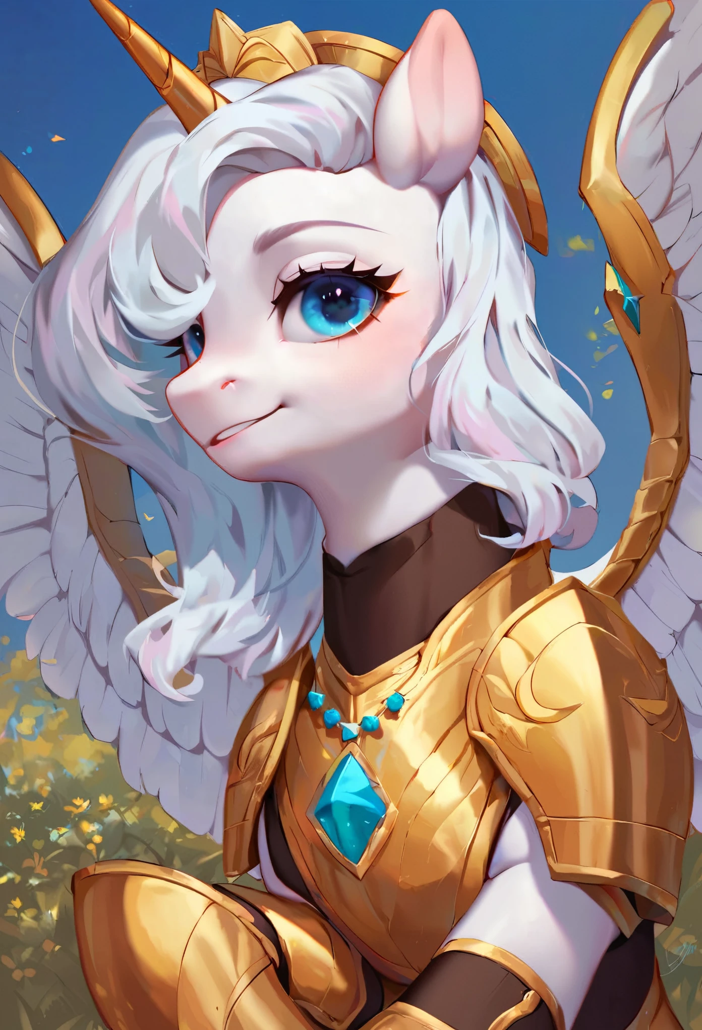 source_cartoon,source_anime,score_9, score_8_up, score_7_up, score_6_up, score_5_up, score_4_up,pony de my little pony, white hair with cinnamon tones, wings with skin color, Golden armor, sky blue eyes, medium horn, White skin color, ruby necklace, character original