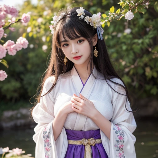 best quality, Delicate face,beautiful visual work, lifelike, eternity, black hair, Long curly hair, blunt bangs, Smile, Detailed Background, Delicate face,blush,cold,((masterpiece))、(top quality)、8k、high detail、Super detailed,21 years old female,身穿唐制Hanfu、waist skirt, Clothes are light and fluffy,Hanfu, wide sleeves, Transparent sleeves, Tunic, Clothes made of chiffon, Seductive and whimsical style、masterpiece、born、Scenes resembling fairy tale illustrations、intricate details和複雜的設計、Beautifully、magic、capricious、 Beautifully、Dream aesthetics、「𝓡𝓸𝓶𝓪𝓷𝓽𝓲𝓬、ethereal、charming、fickle、magic」、realism、Visual effects、FXAA、SSAO、Shader、voiceless、ambient lighting、Tone mapping、High resolution、Ultra high quality、Million pixels、(8K resolution:1.10)、8k、8k以下、8K resolution、high detail、intricate details, (high quality:1.2、masterpiece:1.2、:1.21)、(21 years old female:1.21)、(興奮地Smile)、(被dream般的氛圍所包圍、Model diagram,full-body shot,Normal 2 feet,Put your hands behind you,The protrusion of the breast is visible when wearing clothes, Large Breasts, H cup chest, antiquity, Xian Xia, gauze clothes, Soft and fluttering, Fairy, dream, fantasy, light, Elegant, nature, Immortal, romantic, classical, ribbon, light purple clothes, By the stream,