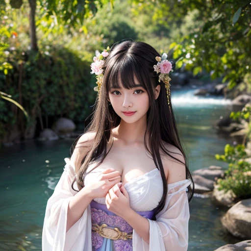 best quality, Delicate face，beautiful visual work, lifelike, eternity, black hair, Long curly hair, blunt bangs, Smile, Detailed Background, Delicate face，blush，cold，((masterpiece))、(top quality)、8k、high detail、Super detailed，21 years old female，身穿唐制Hanfu、waist skirt, Clothes are light and fluffy，Hanfu, wide sleeves, Transparent sleeves, Tunic, Clothes made of chiffon, Seductive and whimsical style、masterpiece、born、Scenes resembling fairy tale illustrations、intricate details和複雜的設計、Beautifully、magic、capricious、 Beautifully、Dream aesthetics、「𝓡𝓸𝓶𝓪𝓷𝓽𝓲𝓬、ethereal、charming、fickle、magic」、realism、Visual effects、FXAA、SSAO、Shader、voiceless、ambient lighting、Tone mapping、High resolution、Ultra high quality、Million pixels、(8K resolution:1.10)、8k、8k以下、8K resolution、high detail、intricate details， (high quality:1.2、masterpiece:1.2、:1.21)、(21 years old female:1.21)、(興奮地Smile)、(被dream般的氛圍所包圍、Model diagram，full-body shot，Normal 2 feet，Put your hands behind you，The protrusion of the breast is visible when wearing clothes, Large Breasts, H cup chest, antiquity, Xian Xia, gauze clothes, Soft and fluttering, Fairy, dream, fantasy, light, Elegant, nature, Immortal, romantic, classical, ribbon, light purple clothes, By the stream,