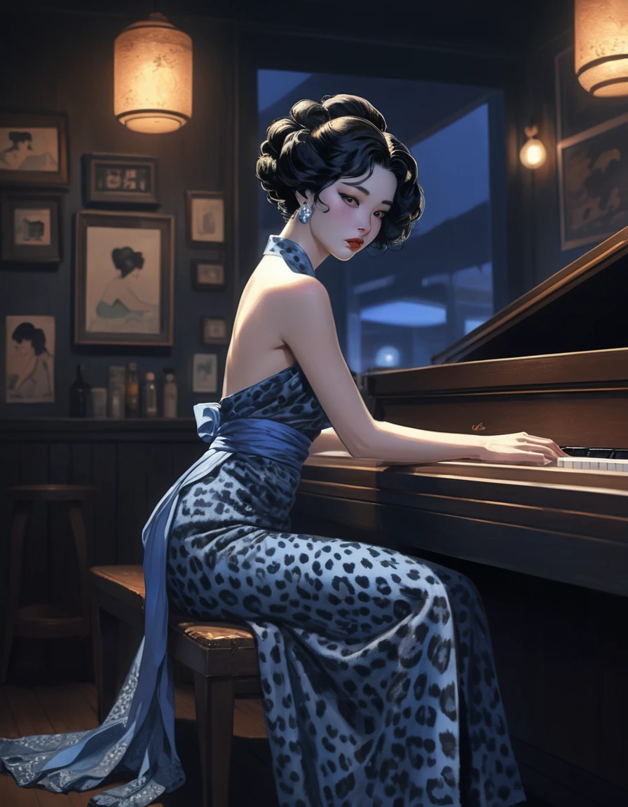 obert johnson, gritty, alabama bar, blue note, charismatic , leopard skin dress, illustration, noir fantasy, lone lady, sad ending, japanese kimono woman pianist blues bluesmusic blues bar sad feeling dark moonlight
