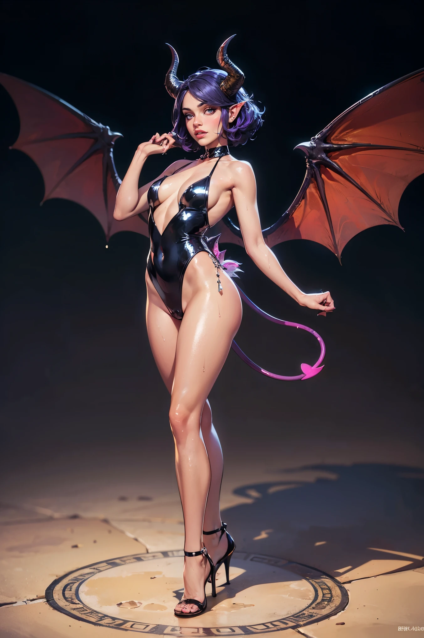 1girl,super detailed skin,shiny skin,wet oily skin, expressionless, majestic wings,devil tail,demon skin, detailed eyes,eyelashes,lips gloss,double tooth,small claws,majestic horns ,small bust ,beautifully shaped breasts, demon body hair ,vibrant colors,magic circle,shadow magic,model pose,wide shot,masterpiece,best quality,ultra detailed,high resolution,sharp focus,depth of field, ((full body, chin up))