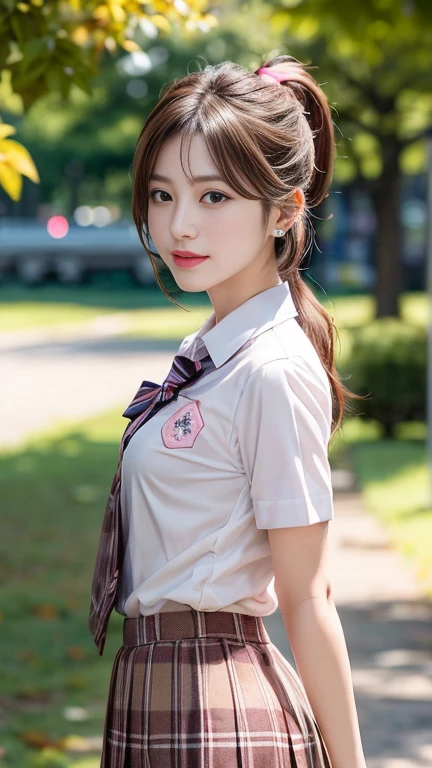 photography of a brightly sangmi nam who is korean actress,masterpiece,photorealistic,analog,realism,korean idol,slim leg, long_brown_hair,1 girl, very bright backlighting, solo, {beautiful and detailed eyes}, autumn night, large breasts,calm expression, natural and soft light, hair blown by the breeze, delicate facial features, Blunt bangs, beautiful korean girl, eye smile, very small earrings, 18yo, ((model pose)), Glamor body type,(colorful hair, Half red and half brown hair:1.2), flim grain, realhands, masterpiece, Best Quality, photorealistic, ultra-detailed, finely detailed, high resolution,brown messy hair, perfect dynamic composition, beautiful detailed eyes,Korean girl,((nervous and embarrassed)),sharp-focus, beautymix, FilmGirl,shy smile,(wearing a pink school uniform:1.3),(ponytail:1.3),model pose,cowboy_shot