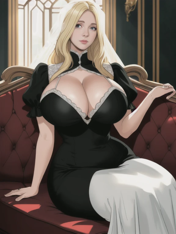 wedding dress, long blonde hair, sitting, hourglass figure, huge breasts overflowing cleavage, (background black couch, detailed walls, crowd behind, warm light), realistic,
