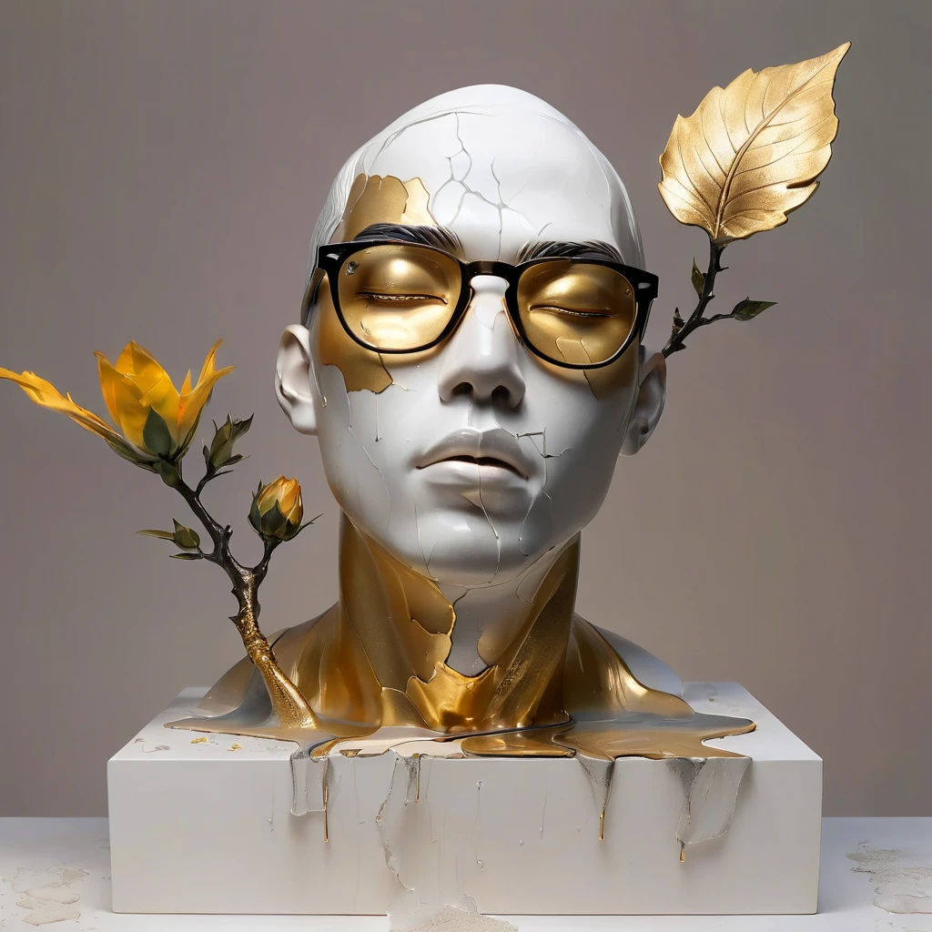 ((display，Still life table，Artistic statues，3D Sculpture，ceramics，Surface cracks，Shattered Texture)), Showing the beauty of nature.gold，black powder， To emphasize its artistic quality, Asian men, with stubble, short beard, short mustache, Beard scum, slightly curly hair, and black square plastic-framed glasses