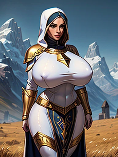 (masterpiece, top quality, best quality, official art, beautiful and aesthetic:1.2), (1girl:1.3), light freckles, fair skin, extremely detailed, portrait, looking at viewer, solo, (full body:0.6), detailed background, close up, (warm grasslands theme:1.1), holy paladin knight, charlatan, smirk, mysterious, swaying in mountains, modest attire, ornate white and gold armor, cowl, nun hood, wimple, boob armor, cowl, robe, chain mail, chainmail, leggings, chainmail leggings, chain mail leggings, breastplate, tabard, gorget, hood, pauldrons, greaves, armored, long boots, longsword, shield, cape, cloak, white fabric, pale leather, ((((gigantic breasts)))), slim waist, slim hips, long legs, medieval (mountain exterior:1.1) background, dark mysterious lighting, shadows, magical atmosphere, dutch angle,