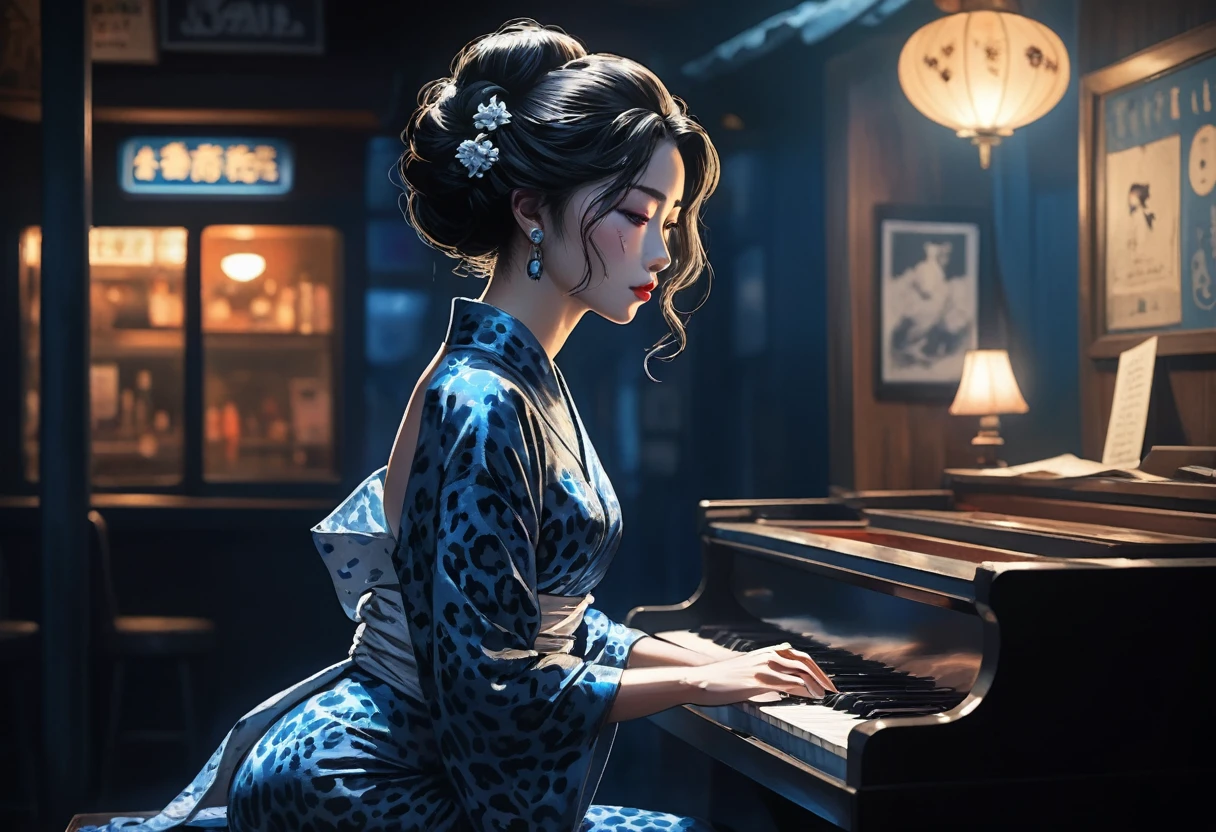 obert johnson, gritty, alabama bar, blue note, charismatic , leopard skin dress, illustration, noir fantasy, lone lady, sad ending, japanese kimono woman pianist blues bluesmusic blues bar sad feeling dark moonlight