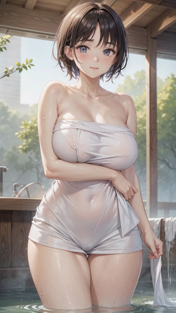 Cute girl . so cute , Round Face . Solitary , Slim ,  Short stature . Glowing skin . Pure white tube top T-shirt . shorts , White background , Looking at the audience&#39;s slender and sexy legs， Put your hands behind your head((Clear nipples))、Rocket , (Large Breasts),（because I&#39;Thin） , 身材Short stature . Smooth skin . Plain white T-shirt . 
Huge breasts:1.4，Full breasts, (20 years old:1.2), Cute little trumpet, entity, Sweating of the skin, Radiant Skin, Slim, Black short hair, (Dull bangs: 1.2), Smile, Cute face, Exquisite eyes,, ((naked，Wrapped in a towel)), ((hot spring)), (Not wearing), (wet), (Bend and take off), ((wet hair)),Legs open), ((Sexy and dynamic pose)), view, Looking at the camera, Denim lenses, best quality,Super detailed, high resolution, Extremely detailed CG, Unity 8K wallpaper, Official Art, Creative arts, Novel illustrations, By famous artists, Caustic lines, Textile Shading, Super delicate skin, Perfect anatomical structure, detailed, light, Dynamic Lighting, 美丽而Exquisite eyes, (Top quality), (Super detailed), (Masseter membrane), (high resolution), (The original), Character Conception, Game CG, detailed Manga Illustration, Realistic head to body proportions:1.2
