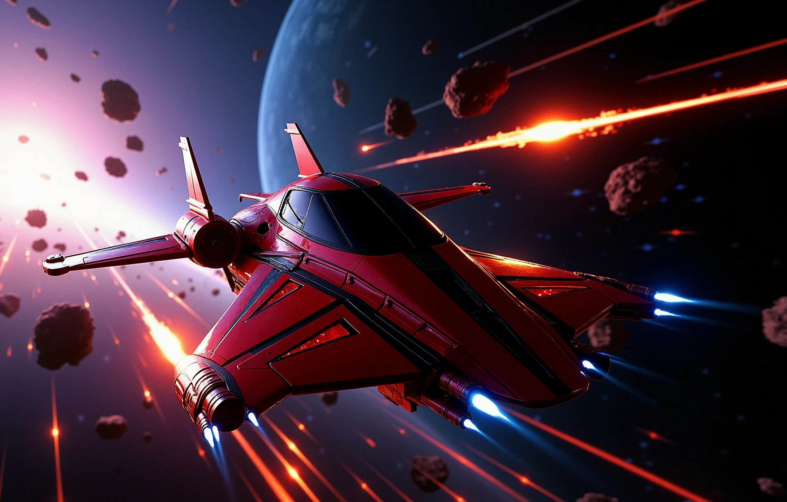 A crimson spaceship, a marvel of engineering, zooms through the void, fleeing the catastrophic aftermath of an exploding planet. The once-blue world now blazes with a fiery intensity, its destruction illuminated by light rays that seem to emanate from the very core of chaos. Amidst this apocalyptic backdrop, asteroids streak across the frame, their burning trails leaving glowing contrails in their wake. In the distance, blue stars twinkle like diamonds against the blackness, a celestial reminder of the vastness and beauty of space. The spaceship, a masterclass of Futurism-inspired design, hurtles forward with incredible velocity, its red and black hull glistening with speed lines and motion lines that evoke a sense of dynamic tension. Cinematic lighting casts a dramatic glow on the scene, bathing all in an otherworldly radiance., Futurism, modern, Hyperrealism, speed lines, cinematic lighting, glowing light, motion lines, retina, accurate, masterpiece, super detail, high quality, award winning, highres, 4K, 8k, 16k