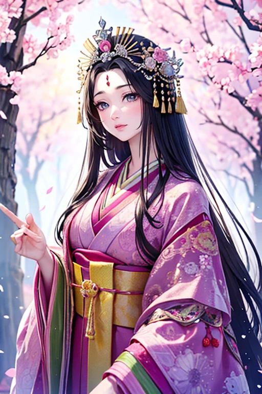 (Highest quality、 8k 、masterpiece、High resolution)、Heian period、A beautiful young woman from the nobility、、(Straight hair、Long, beautiful black hair)，(Beautiful Face、Beautiful eyes、A neat nose、Pretty lips)、A friendly gaze、Faint smile、(Silver、gem、Ivory hairpin、Headdress)、(12 Single layer kimono、Mainly light pink　Many colors　Vibrant colors　The beauty of layered colors)，背景はHeian periodの建物、Official Art、Detailed CG、