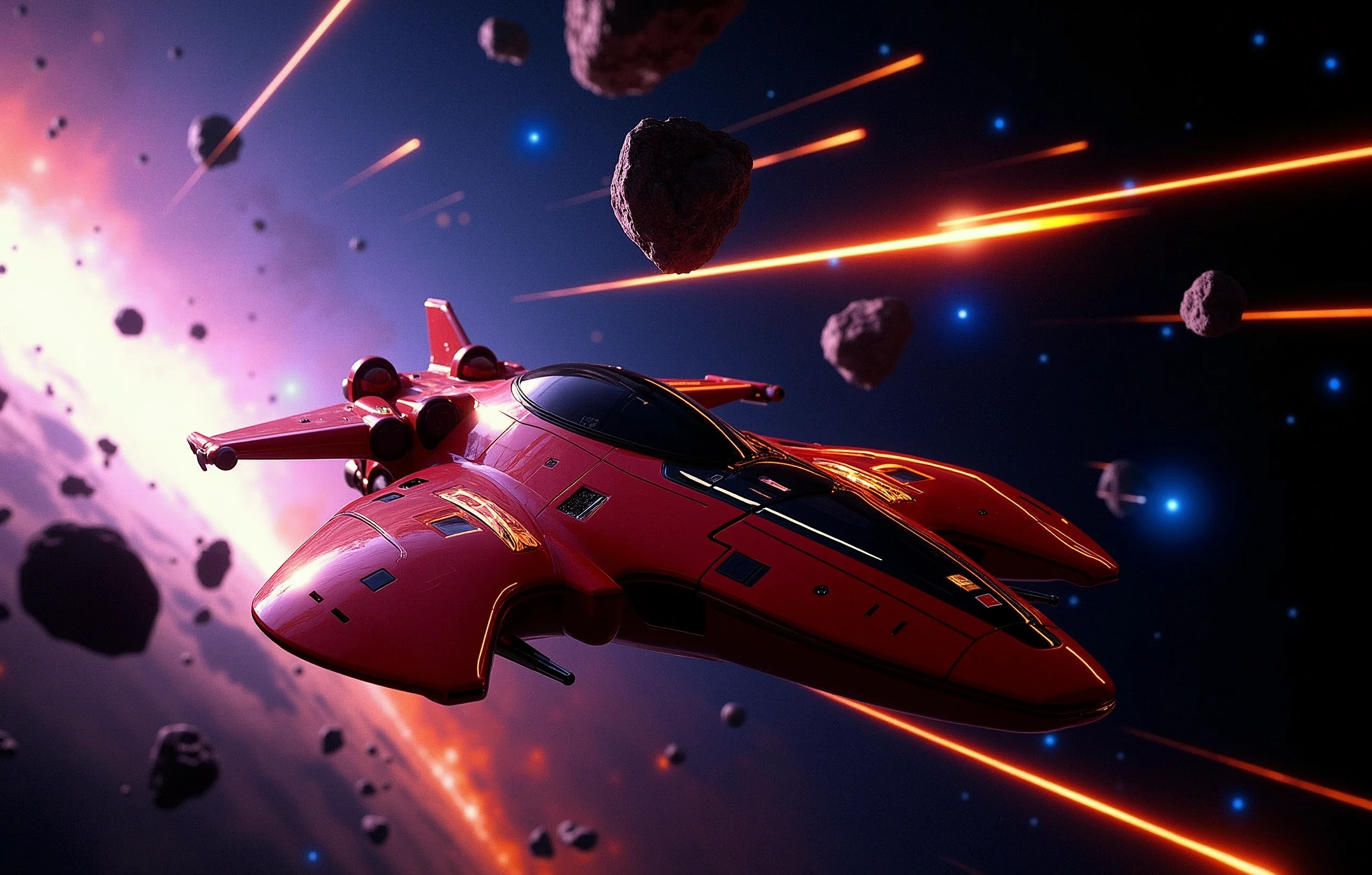 A crimson spaceship, a marvel of engineering, zooms through the void, fleeing the catastrophic aftermath of an exploding planet. The once-blue world now blazes with a fiery intensity, its destruction illuminated by light rays that seem to emanate from the very core of chaos. Amidst this apocalyptic backdrop, asteroids streak across the frame, their burning trails leaving glowing contrails in their wake. In the distance, blue stars twinkle like diamonds against the blackness, a celestial reminder of the vastness and beauty of space. The spaceship, a masterclass of Futurism-inspired design, hurtles forward with incredible velocity, its red and black hull glistening with speed lines and motion lines that evoke a sense of dynamic tension. Cinematic lighting casts a dramatic glow on the scene, bathing all in an otherworldly radiance., Futurism, modern, Hyperrealism, speed lines, cinematic lighting, glowing light, motion lines, retina, accurate, masterpiece, super detail, high quality, award winning, highres, 4K, 8k, 16k