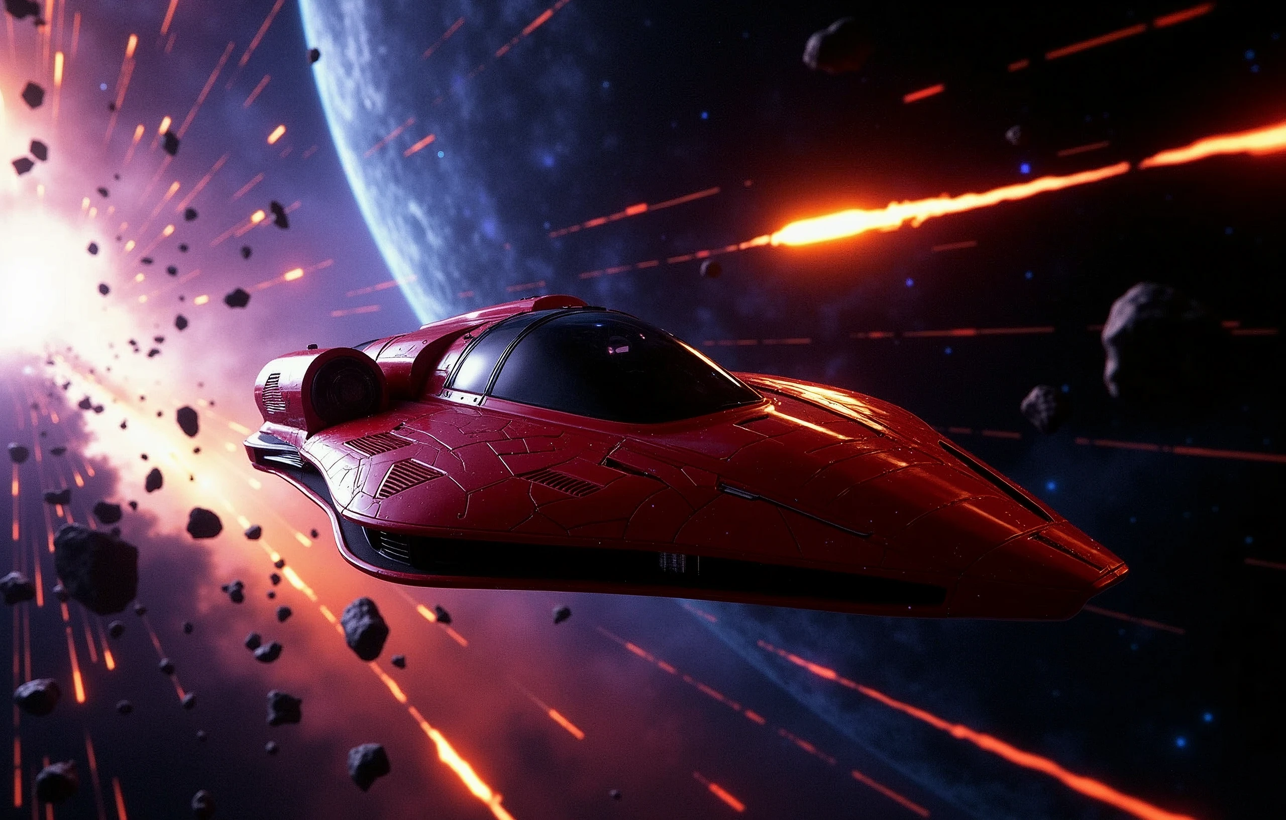 A crimson spaceship, a marvel of engineering, zooms through the void, fleeing the catastrophic aftermath of an exploding planet. The once-blue world now blazes with a fiery intensity, its destruction illuminated by light rays that seem to emanate from the very core of chaos. Amidst this apocalyptic backdrop, asteroids streak across the frame, their burning trails leaving glowing contrails in their wake. In the distance, blue stars twinkle like diamonds against the blackness, a celestial reminder of the vastness and beauty of space. The spaceship, a masterclass of Futurism-inspired design, hurtles forward with incredible velocity, its red and black hull glistening with speed lines and motion lines that evoke a sense of dynamic tension. Cinematic lighting casts a dramatic glow on the scene, bathing all in an otherworldly radiance., Futurism, modern, Hyperrealism, speed lines, cinematic lighting, glowing light, motion lines, backlighting, retina, accurate, masterpiece, super detail, high quality, award winning, highres, 4K, 8k, 16k