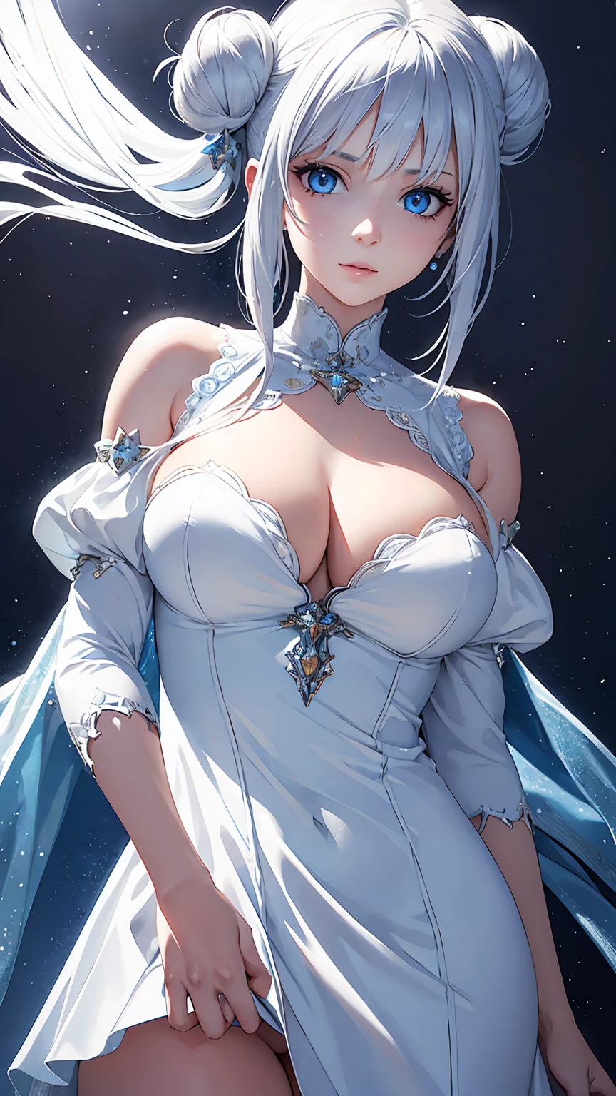 Woman1,round face,blue eyes,white hair,double bun hairstyle,Legendary Hero, Legendary Witch, Crystal Decorative White Mini Dress, Top Sleeved Dress, Big White Crystal Hold Her Hand,Very details CG, module, 8K wallpapers, top quality, high precision, beautiful lighting, realistic shade, high precision, detailed skin, very detailed, faces and detailed eyes, realistic eyes, cowboy shot