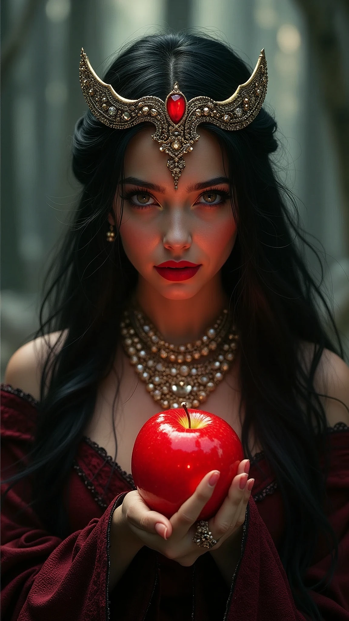 ((RAW Photo), absurd, (absurdresolution)), masterpiece, best quality, (Extremely detailed 8k unity CG wallpaper), (best illustration), (best shadow), Realistic lighting, beautiful detailed glow, ((21 years old)), girl, long black hair, black queen, accessories, apple in hand, poisoned apples, witch queen, red lipstick, (((Photographic Perspective of her)))