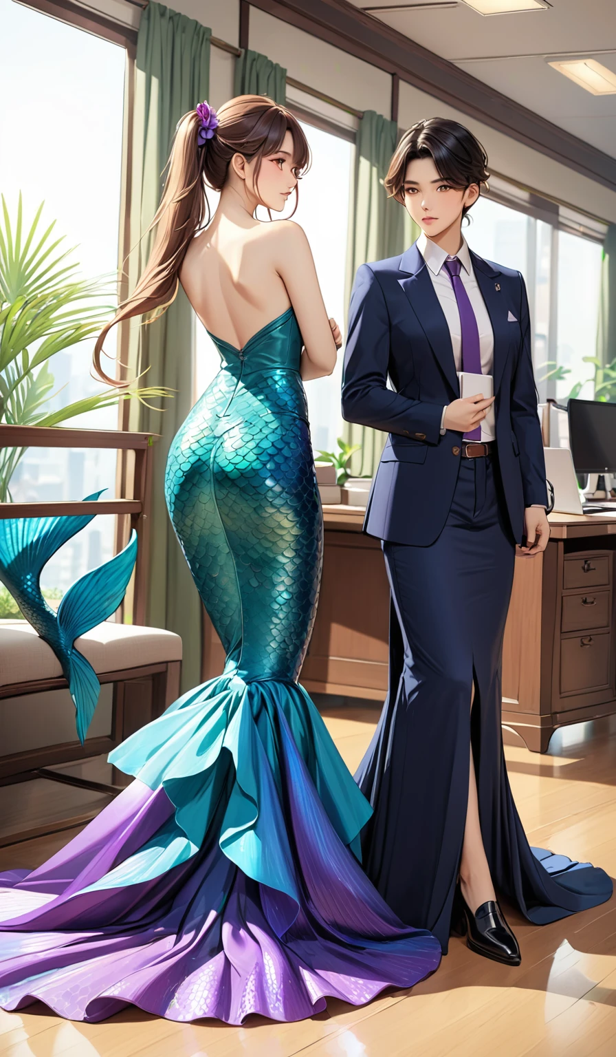 (masterpiece,Highest quality,Ultra-high resolution),Two Japanese girls with ponytails (((Very beautiful 25 year old girl))), Beautiful woman, A woman wearing a mermaid skirt with a long train,The skirt is very long, whole body, Wear a blazer, Wearing a blouse, A flowing, dramatic long skirt, Talwoman, Talk to your boss, Working in the office,  Masterpiece  (Long train dress with mermaid-style long skirt )